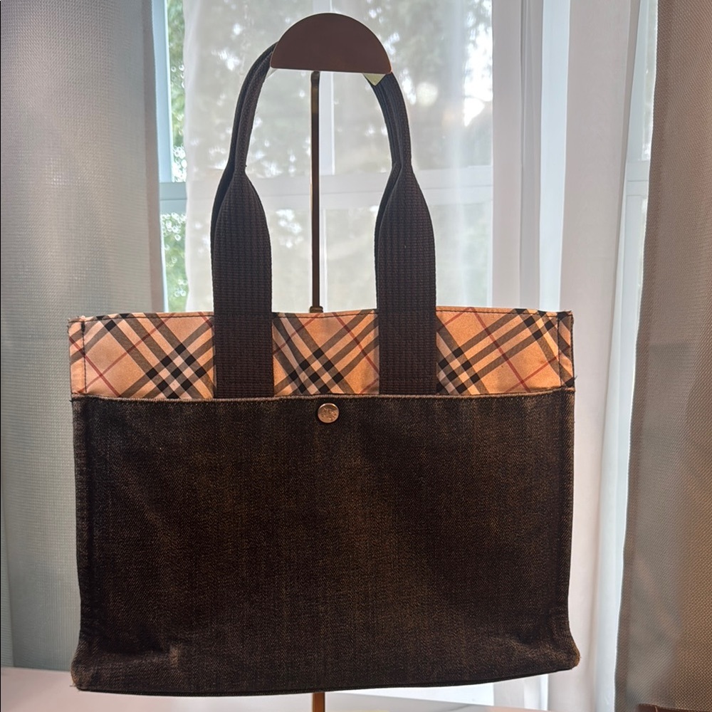 Burberry Denim Tote with Iconic Plaid Blue Label